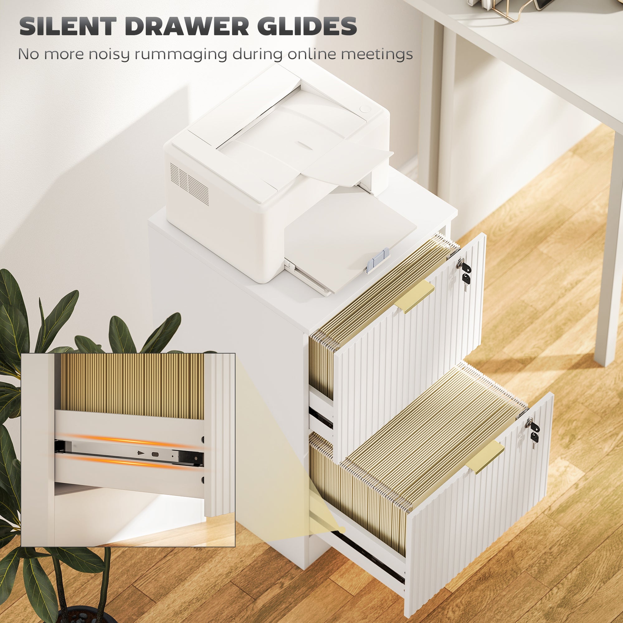 Lockable Filing Cabinet with 2 Fluted Drawers, File Cabinet with Adjustable Hanging Rails for A4 Letter Files, White-Office Products > Office Furniture > Office Cabinets & Cupboards-DECOROLALA