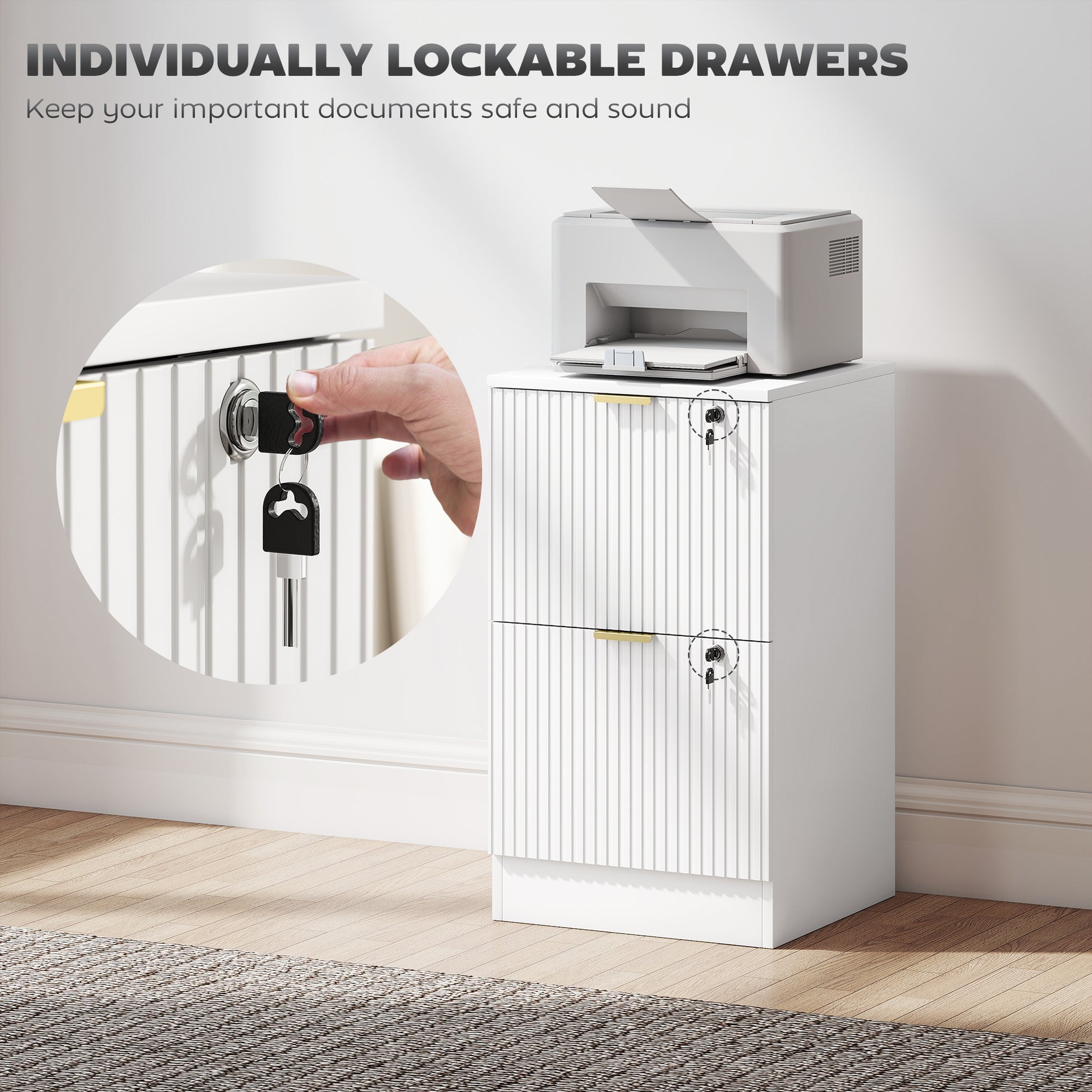Lockable Filing Cabinet with 2 Fluted Drawers, File Cabinet with Adjustable Hanging Rails for A4 Letter Files, White-Office Products > Office Furniture > Office Cabinets & Cupboards-DECOROLALA