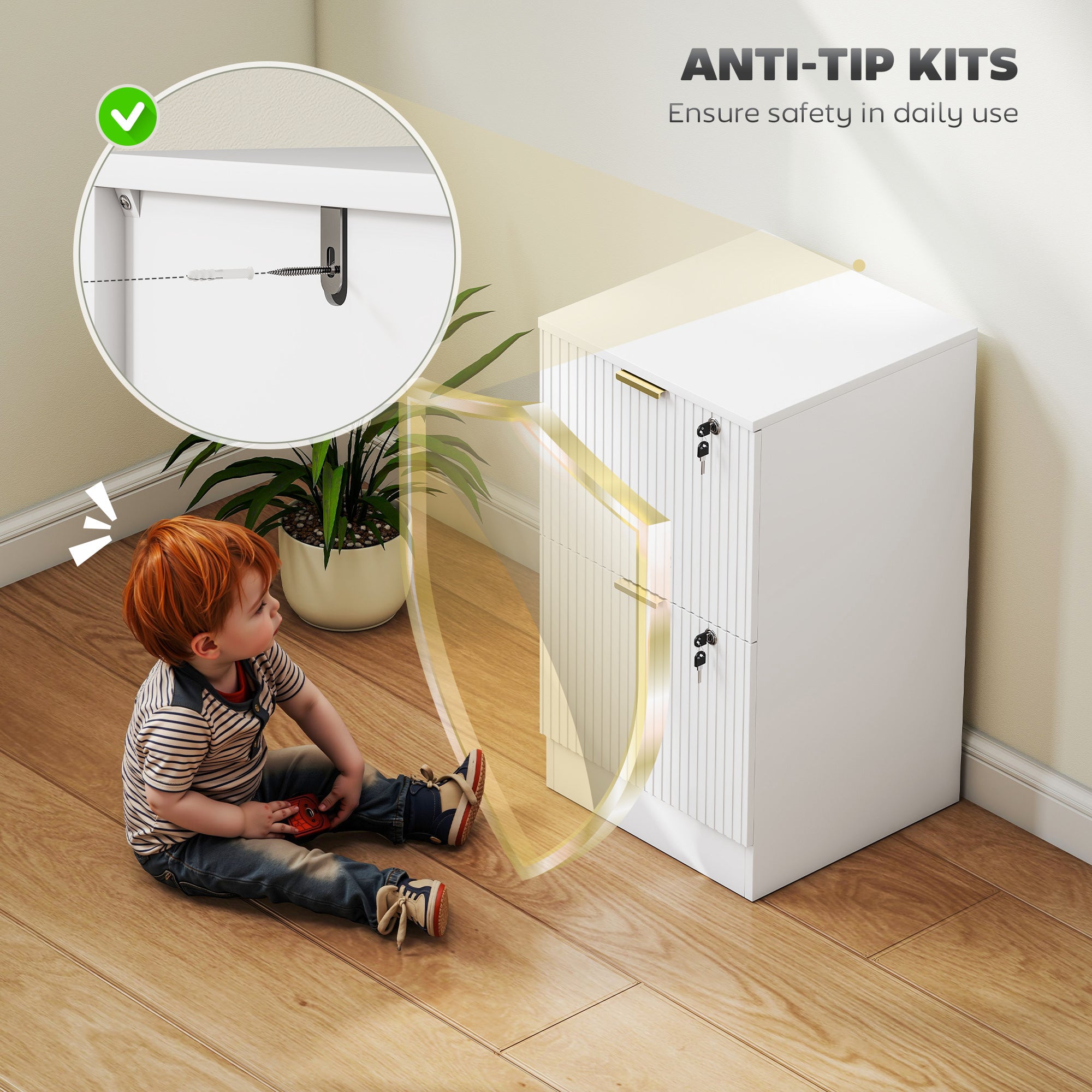 Lockable Filing Cabinet with 2 Fluted Drawers, File Cabinet with Adjustable Hanging Rails for A4 Letter Files, White-Office Products > Office Furniture > Office Cabinets & Cupboards-DECOROLALA