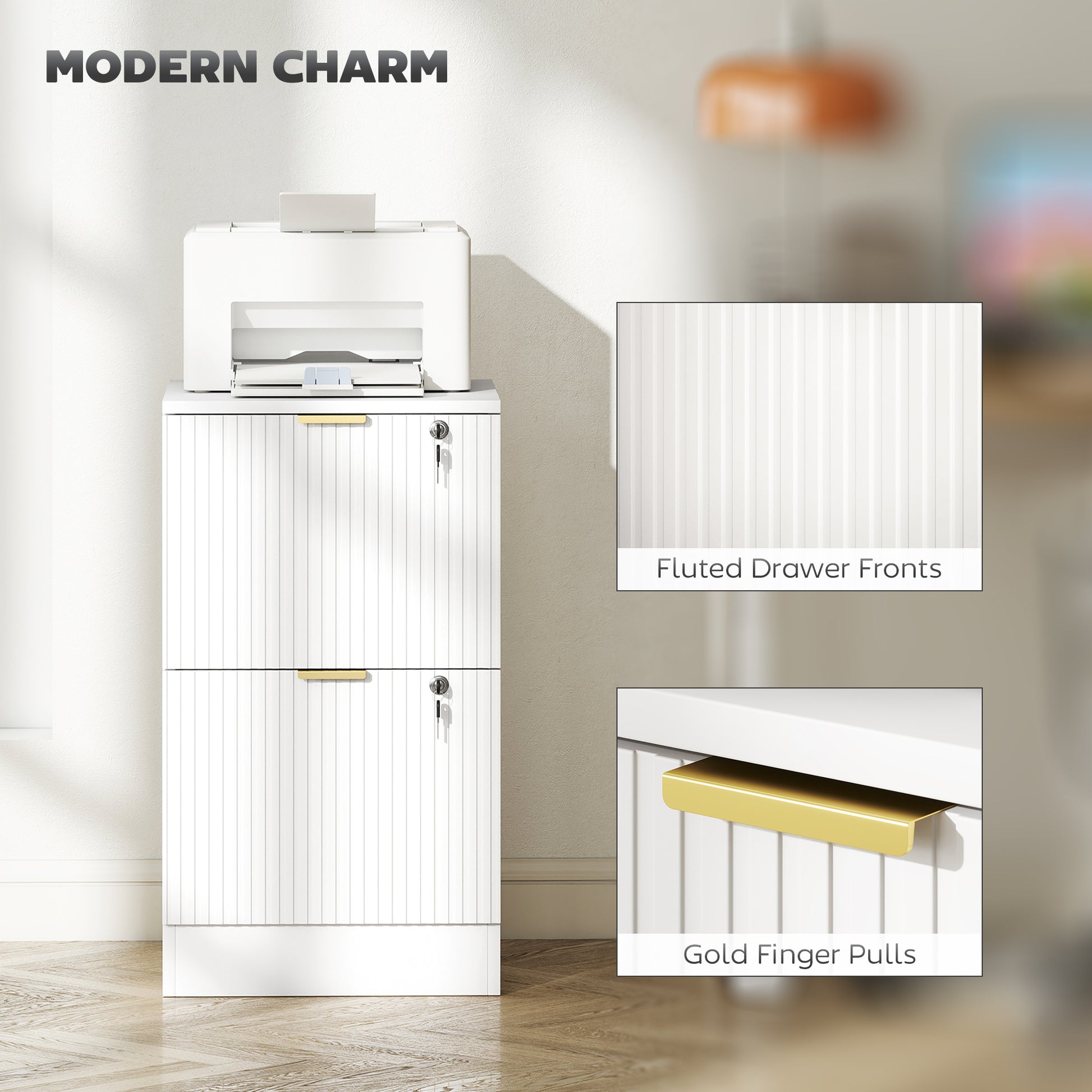 Lockable Filing Cabinet with 2 Fluted Drawers, File Cabinet with Adjustable Hanging Rails for A4 Letter Files, White-Office Products > Office Furniture > Office Cabinets & Cupboards-DECOROLALA