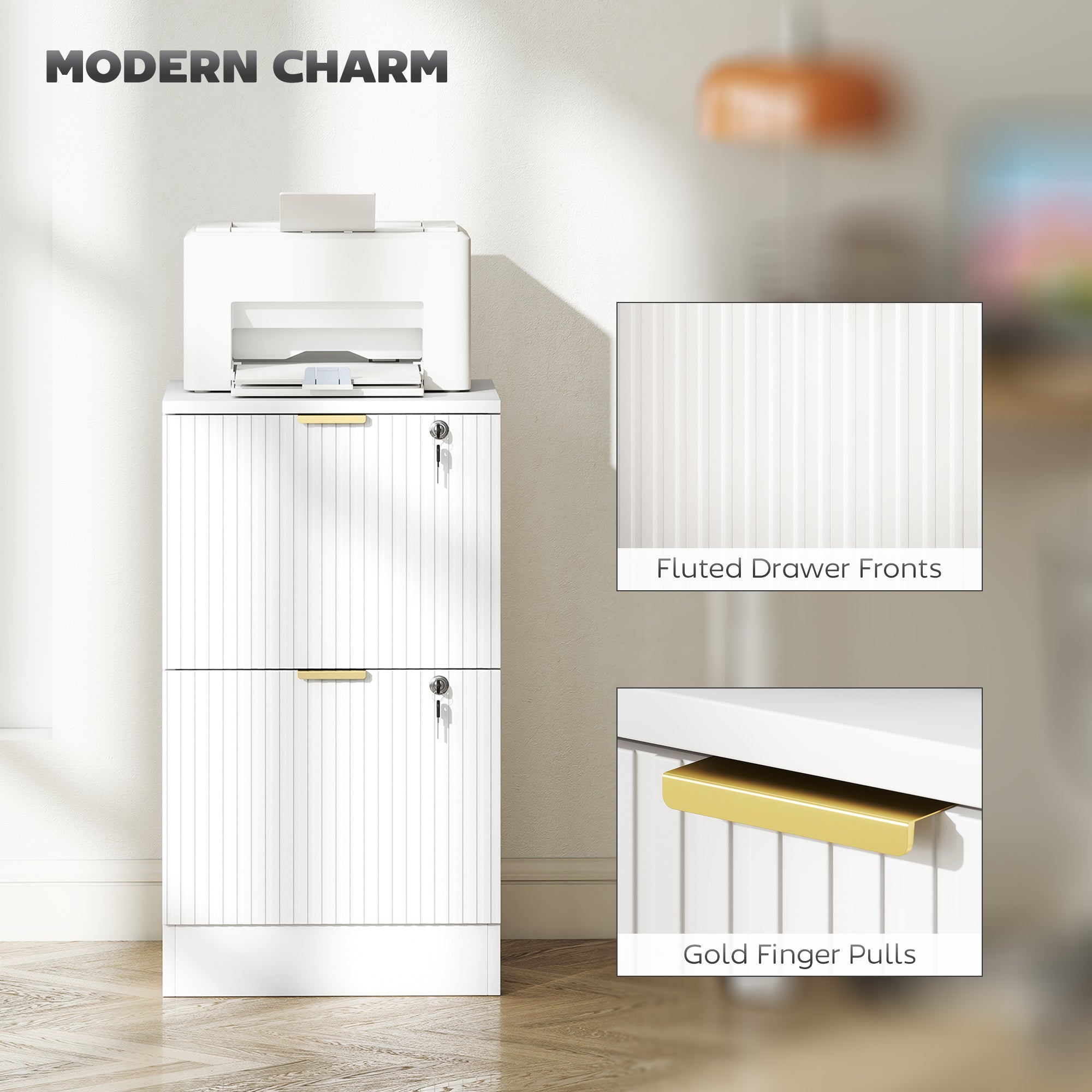 Lockable Filing Cabinet with 2 Fluted Drawers, File Cabinet with Adjustable Hanging Rails for A4 Letter Files, White-Office Products > Office Furniture > Office Cabinets & Cupboards-DECOROLALA