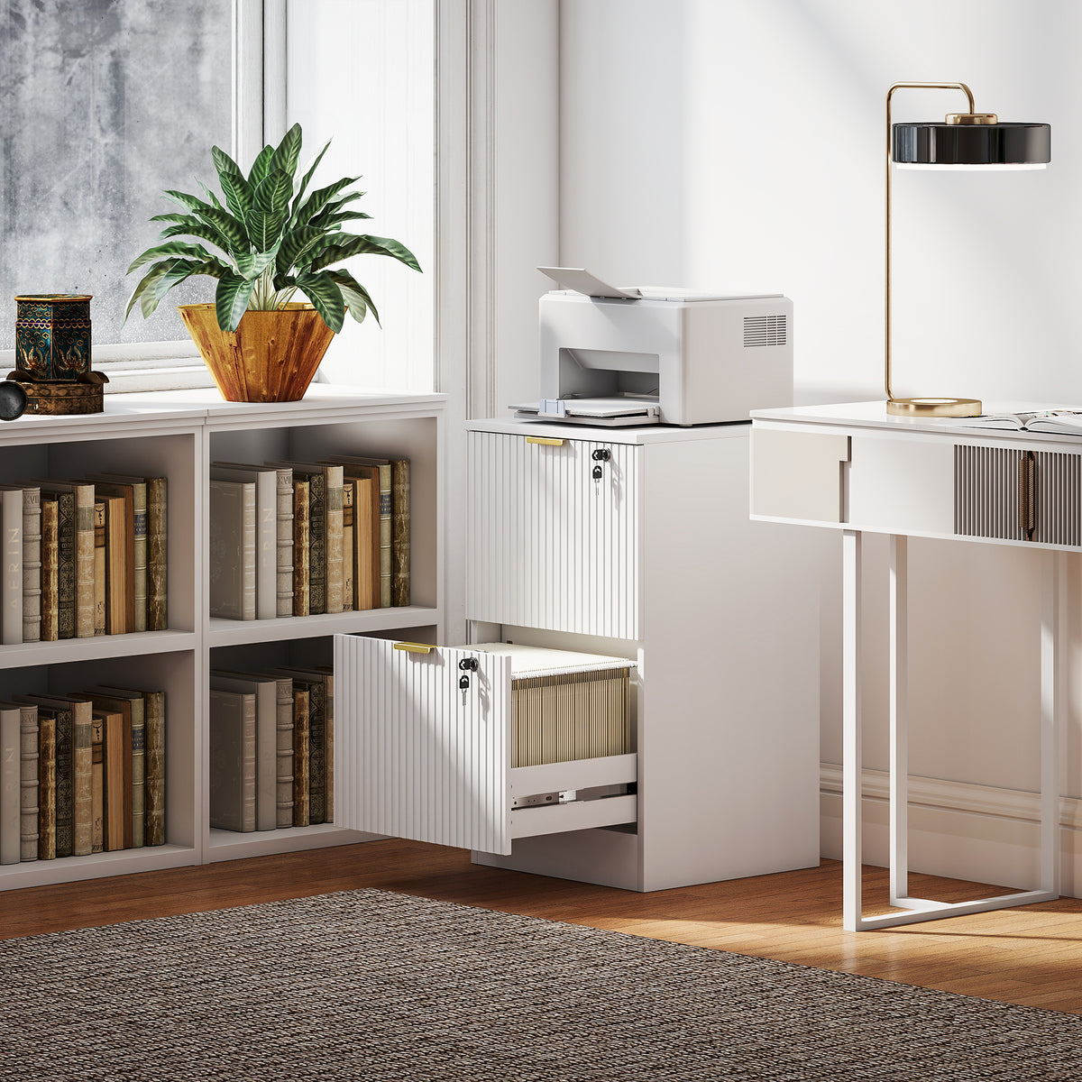 Lockable Filing Cabinet with 2 Fluted Drawers, File Cabinet with Adjustable Hanging Rails for A4 Letter Files, White-Office Storage Cabinets-DECOROLALA