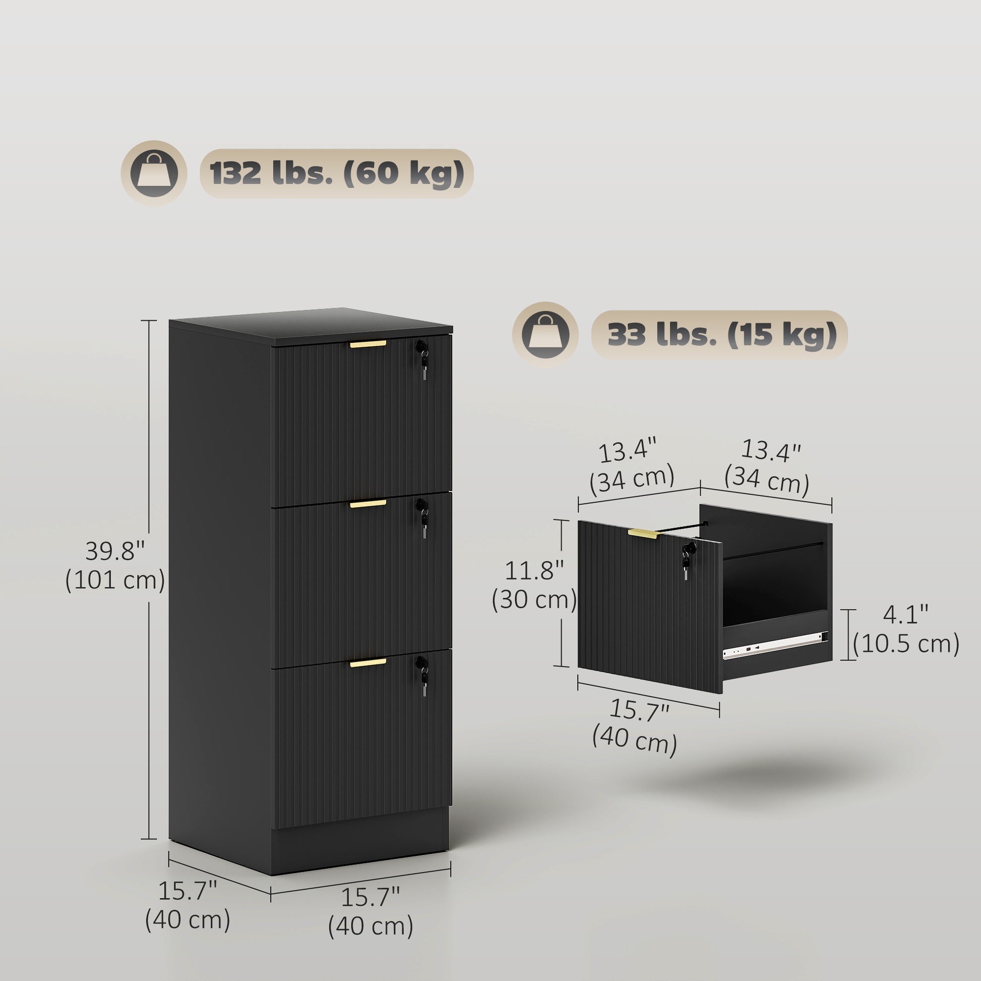Lockable Filing Cabinet with 3 Fluted Drawers, File Cabinet with Adjustable Hanging Rails for A4 Letter Files, Black-Office Products > Office Furniture > Office Cabinets & Cupboards-DECOROLALA