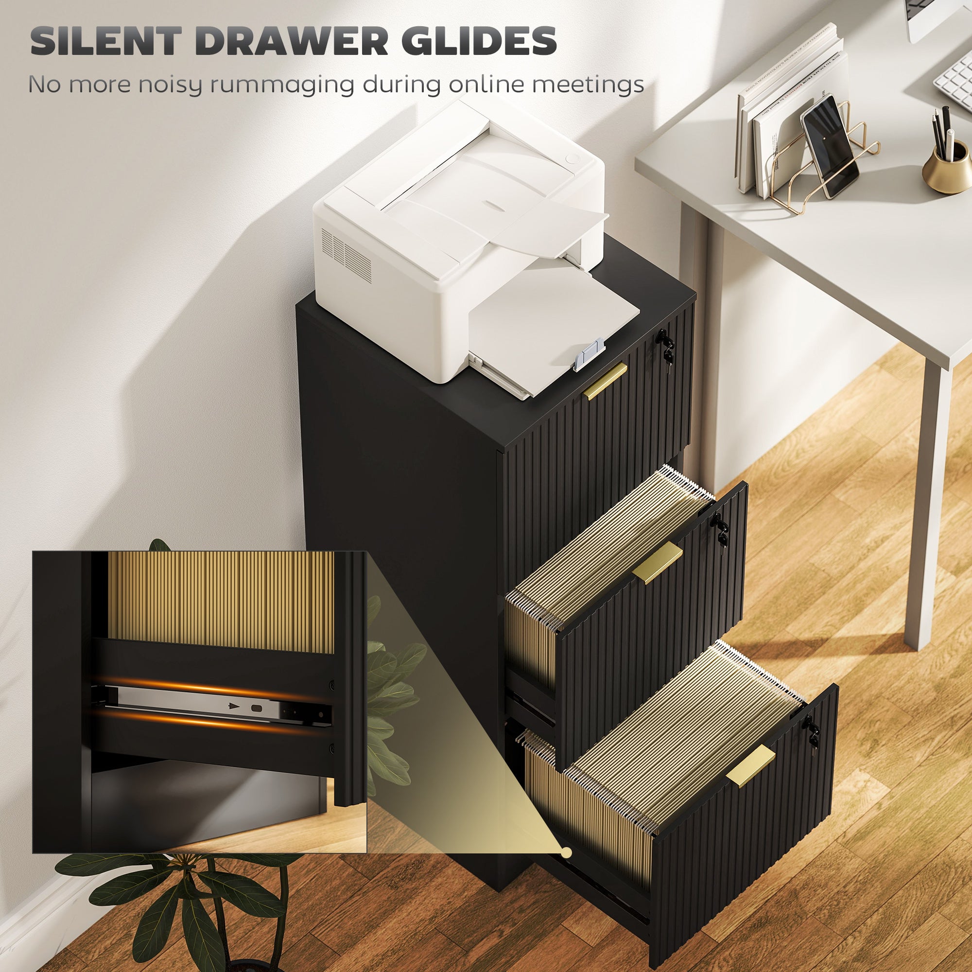 Lockable Filing Cabinet with 3 Fluted Drawers, File Cabinet with Adjustable Hanging Rails for A4 Letter Files, Black-Office Products > Office Furniture > Office Cabinets & Cupboards-DECOROLALA