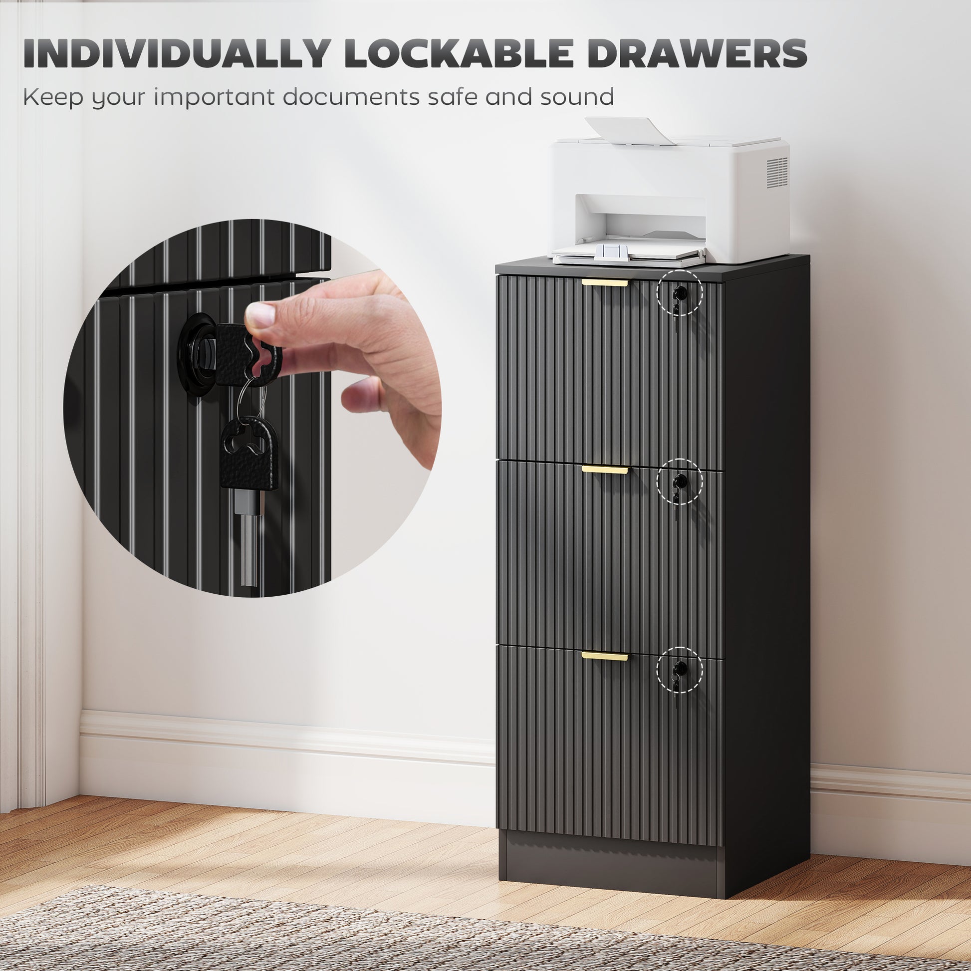 Lockable Filing Cabinet with 3 Fluted Drawers, File Cabinet with Adjustable Hanging Rails for A4 Letter Files, Black-Office Products > Office Furniture > Office Cabinets & Cupboards-DECOROLALA