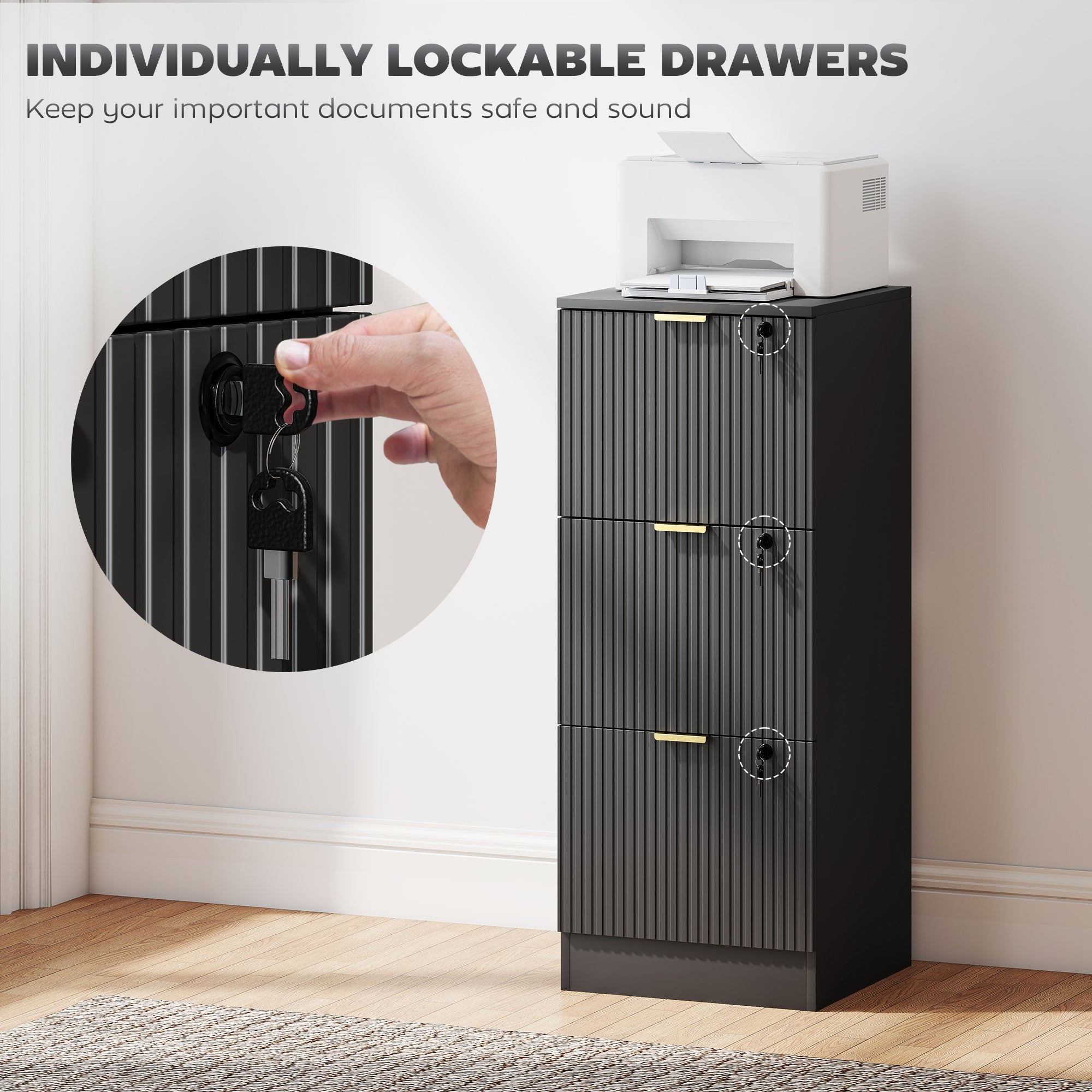 Lockable Filing Cabinet with 3 Fluted Drawers, File Cabinet with Adjustable Hanging Rails for A4 Letter Files, Black-Office Products > Office Furniture > Office Cabinets & Cupboards-DECOROLALA