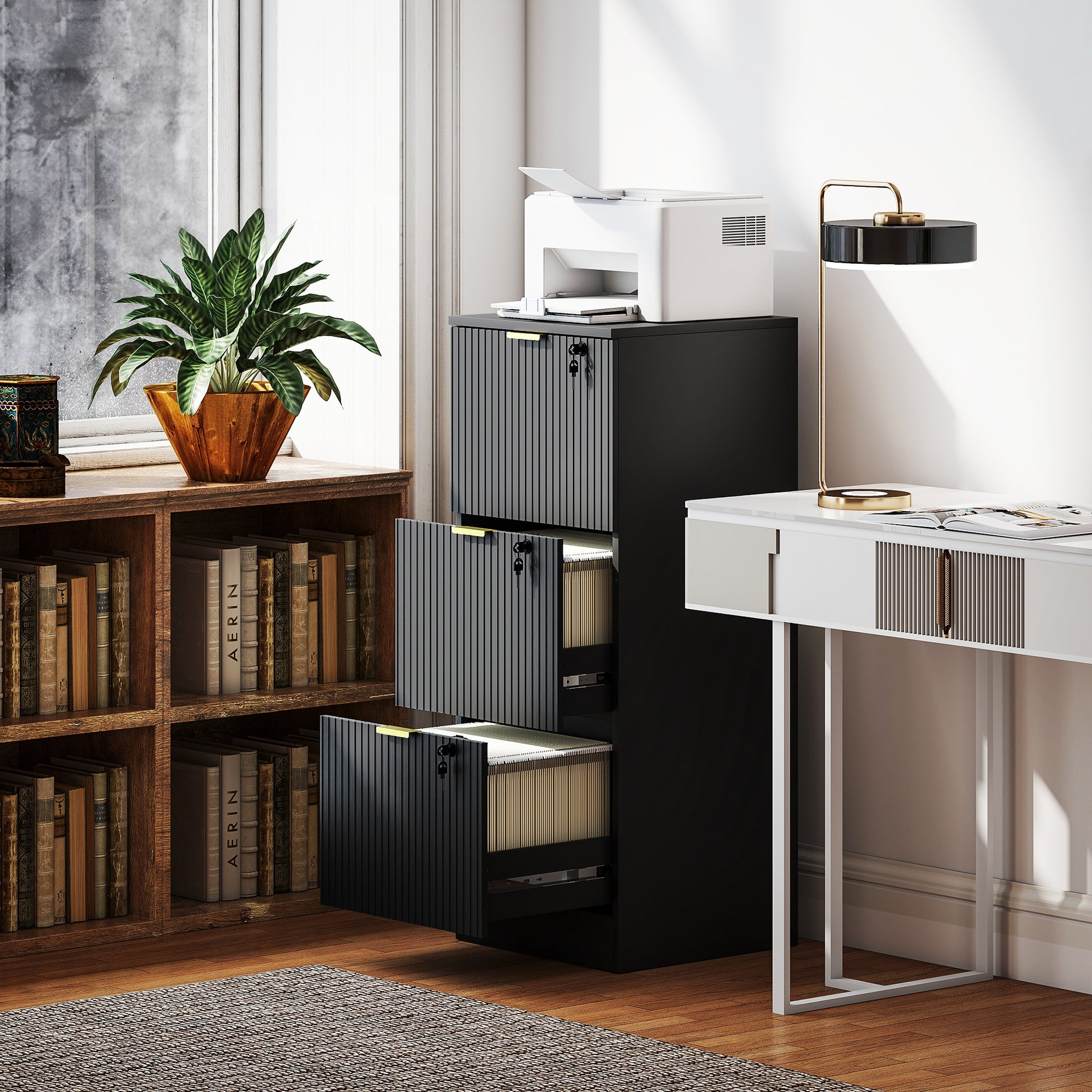 Lockable Filing Cabinet with 3 Fluted Drawers, File Cabinet with Adjustable Hanging Rails for A4 Letter Files, Black-Office Products > Office Furniture > Office Cabinets & Cupboards-DECOROLALA