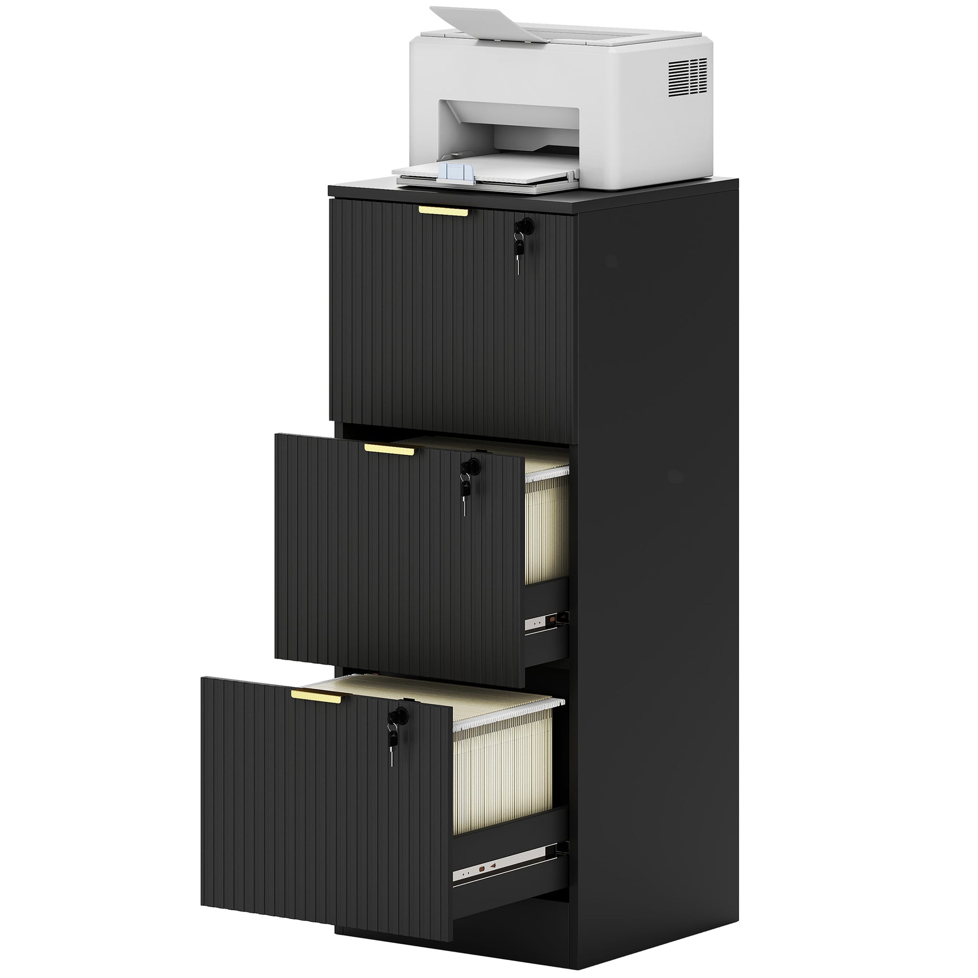 Lockable Filing Cabinet with 3 Fluted Drawers, File Cabinet with Adjustable Hanging Rails for A4 Letter Files, Black-Office Products > Office Furniture > Office Cabinets & Cupboards-DECOROLALA