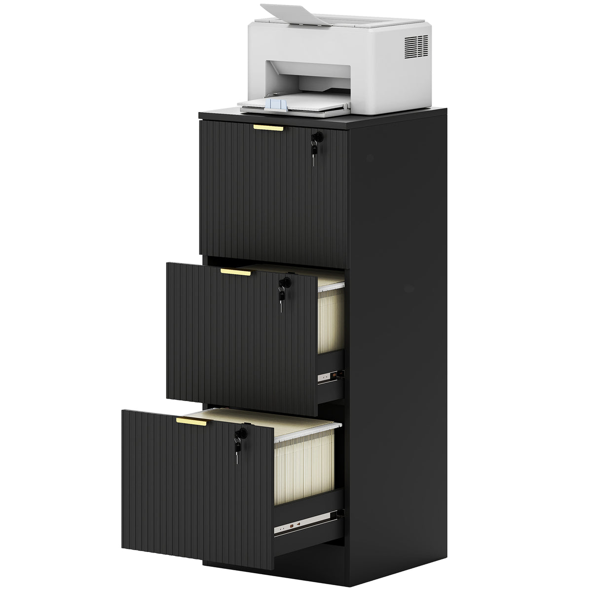 Lockable Filing Cabinet with 3 Fluted Drawers, File Cabinet with Adjustable Hanging Rails for A4 Letter Files, Black-Office Storage Cabinets-DECOROLALA