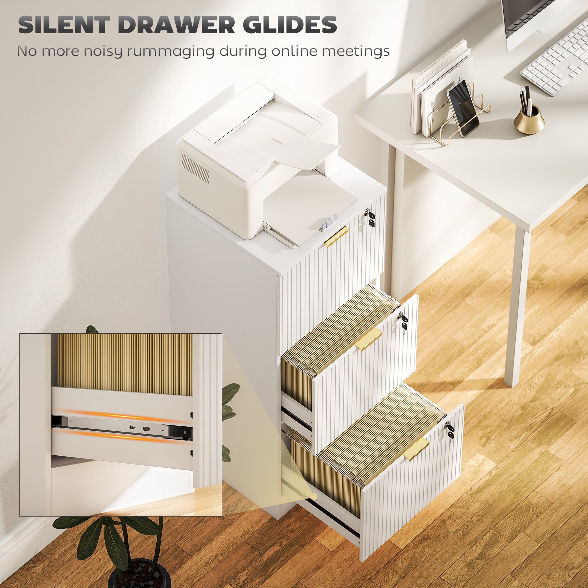 Lockable Filing Cabinet with 3 Fluted Drawers, File Cabinet with Adjustable Hanging Rails for A4 Letter Files, White-Office Products > Office Furniture > Office Cabinets & Cupboards-DECOROLALA