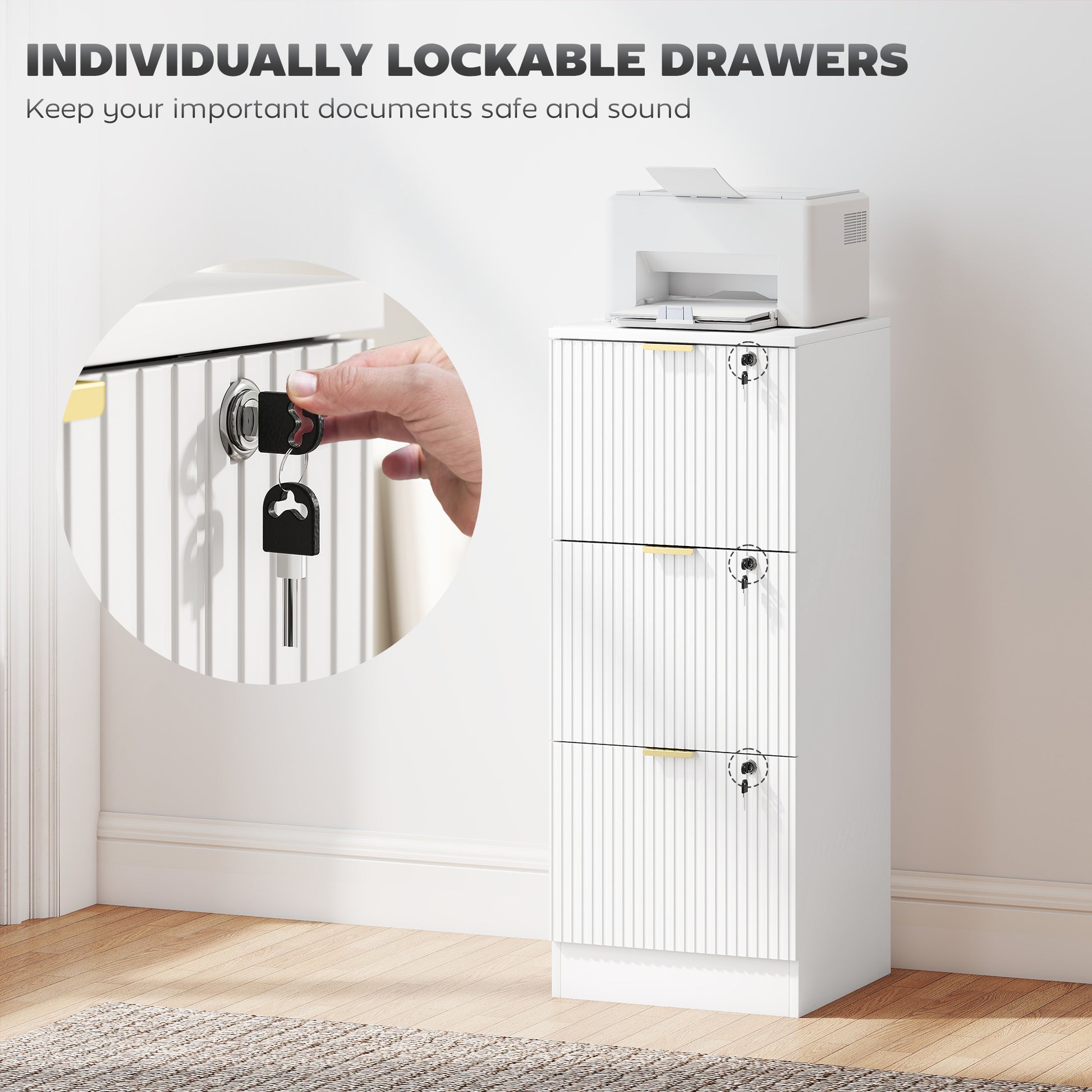 Lockable Filing Cabinet with 3 Fluted Drawers, File Cabinet with Adjustable Hanging Rails for A4 Letter Files, White-Office Products > Office Furniture > Office Cabinets & Cupboards-DECOROLALA