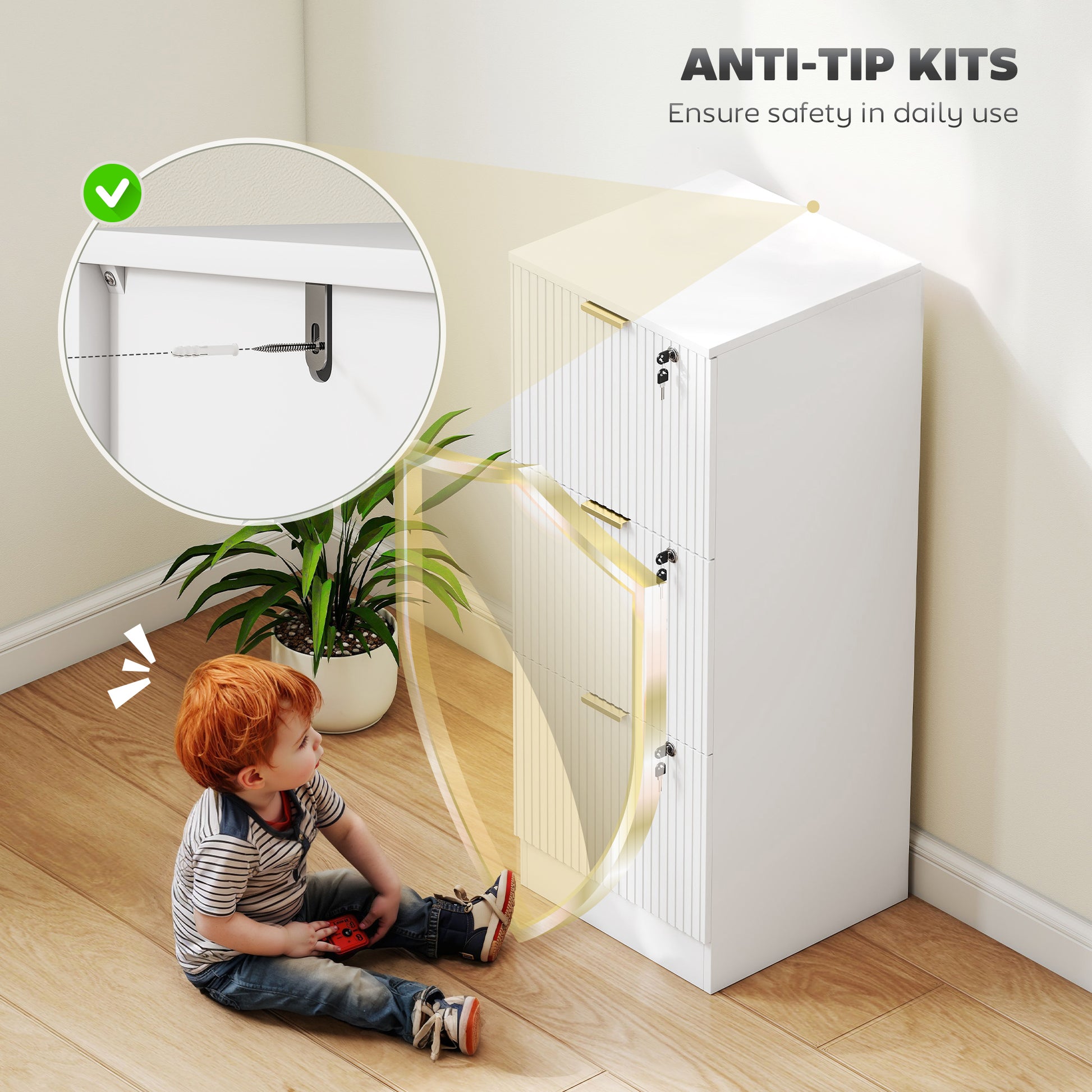Lockable Filing Cabinet with 3 Fluted Drawers, File Cabinet with Adjustable Hanging Rails for A4 Letter Files, White-Office Products > Office Furniture > Office Cabinets & Cupboards-DECOROLALA