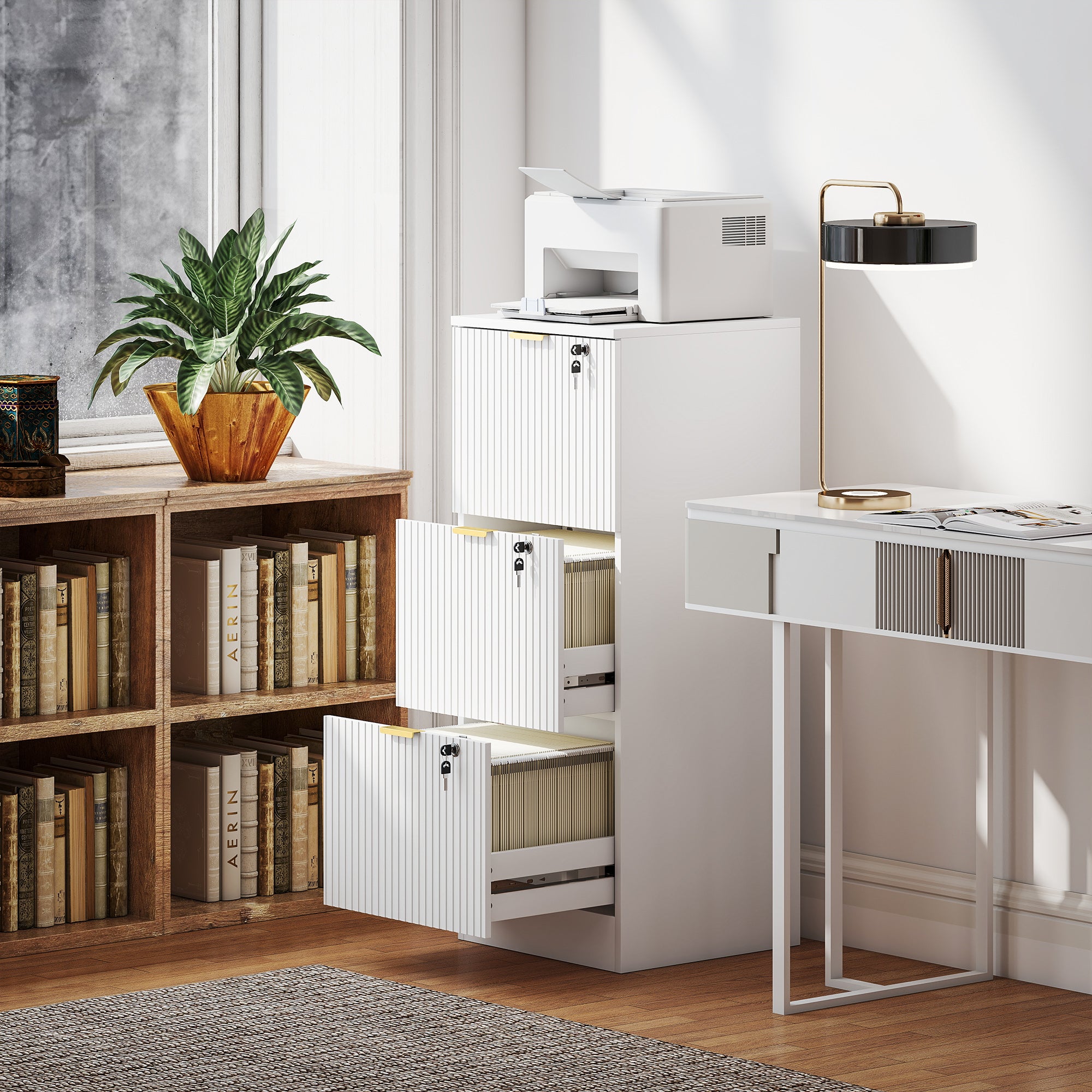 Lockable Filing Cabinet with 3 Fluted Drawers, File Cabinet with Adjustable Hanging Rails for A4 Letter Files, White-Office Products > Office Furniture > Office Cabinets & Cupboards-DECOROLALA