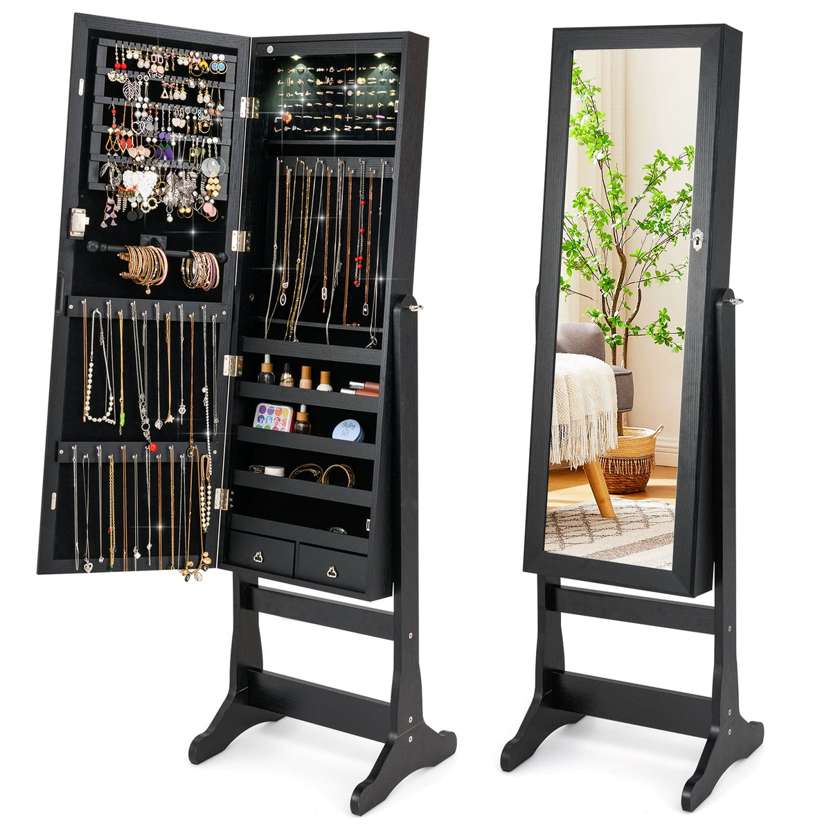 Lockable Freestanding Jewelry Cabinet Armoire with Full-Length Mirror and Lights-Black-Jewelry Armoires-DECOROLALA