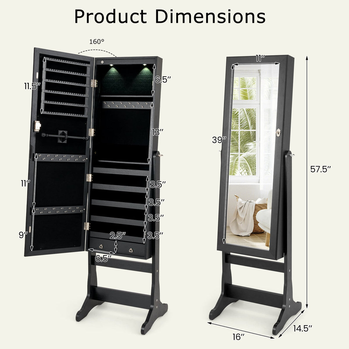 Lockable Freestanding Jewelry Cabinet Armoire with Full-Length Mirror and Lights-Black-Jewelry Armoires-DECOROLALA