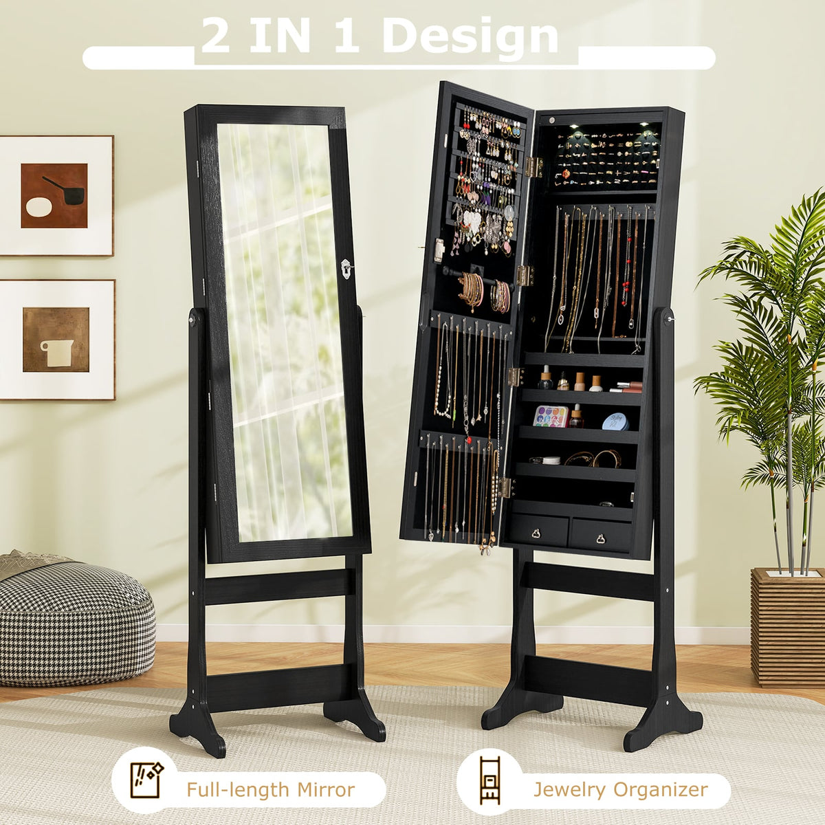 Lockable Freestanding Jewelry Cabinet Armoire with Full-Length Mirror and Lights-Black-Jewelry Armoires-DECOROLALA