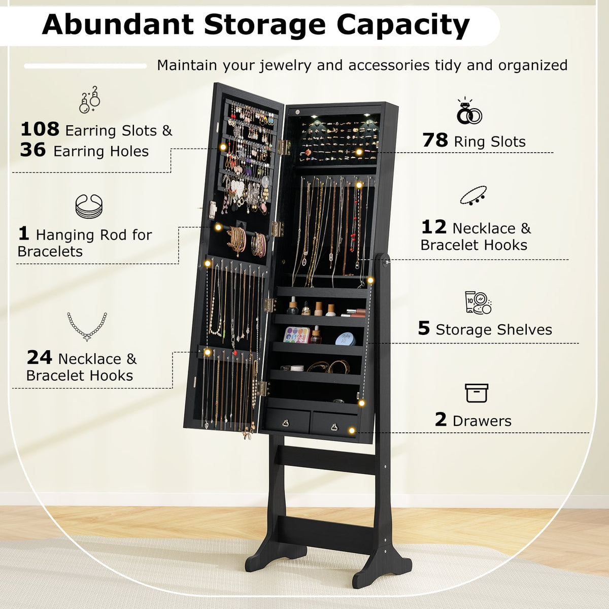 Lockable Freestanding Jewelry Cabinet Armoire with Full-Length Mirror and Lights-Black-Jewelry Armoires-DECOROLALA