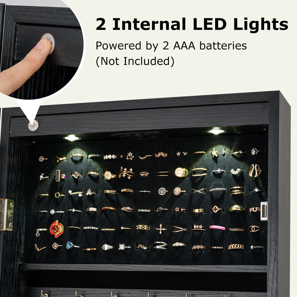 Lockable Freestanding Jewelry Cabinet Armoire with Full-Length Mirror and Lights-Black-Jewelry Armoires-DECOROLALA