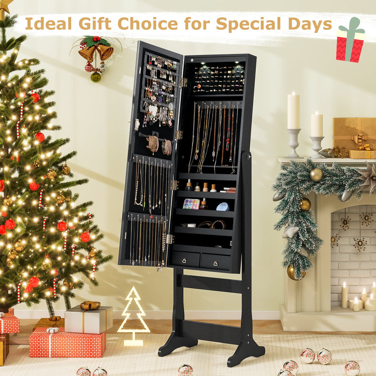 Lockable Freestanding Jewelry Cabinet Armoire with Full-Length Mirror and Lights-Black-Jewelry Armoires-DECOROLALA