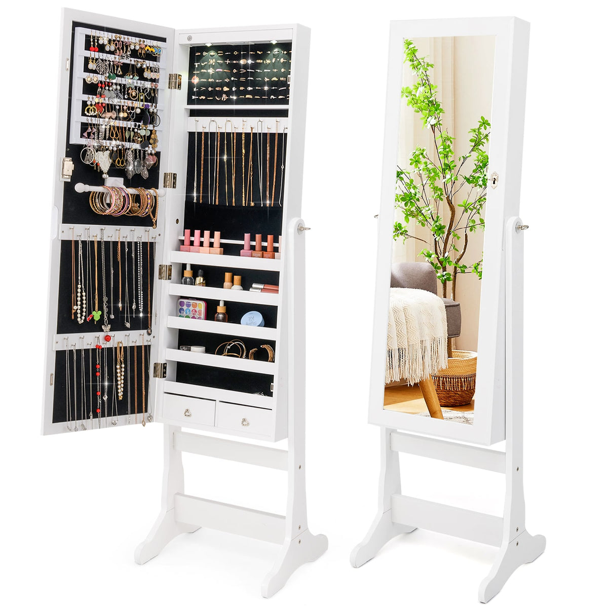 Lockable Freestanding Jewelry Cabinet Armoire with Full-Length Mirror and Lights-White-Jewelry Armoires-DECOROLALA