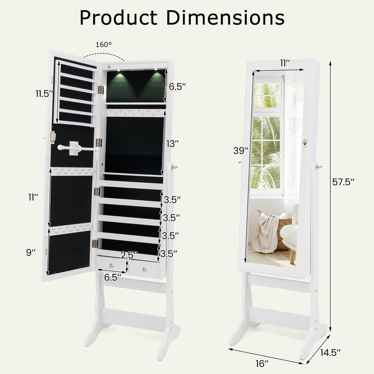 Lockable Freestanding Jewelry Cabinet Armoire with Full-Length Mirror and Lights-White-Jewelry Armoires-DECOROLALA