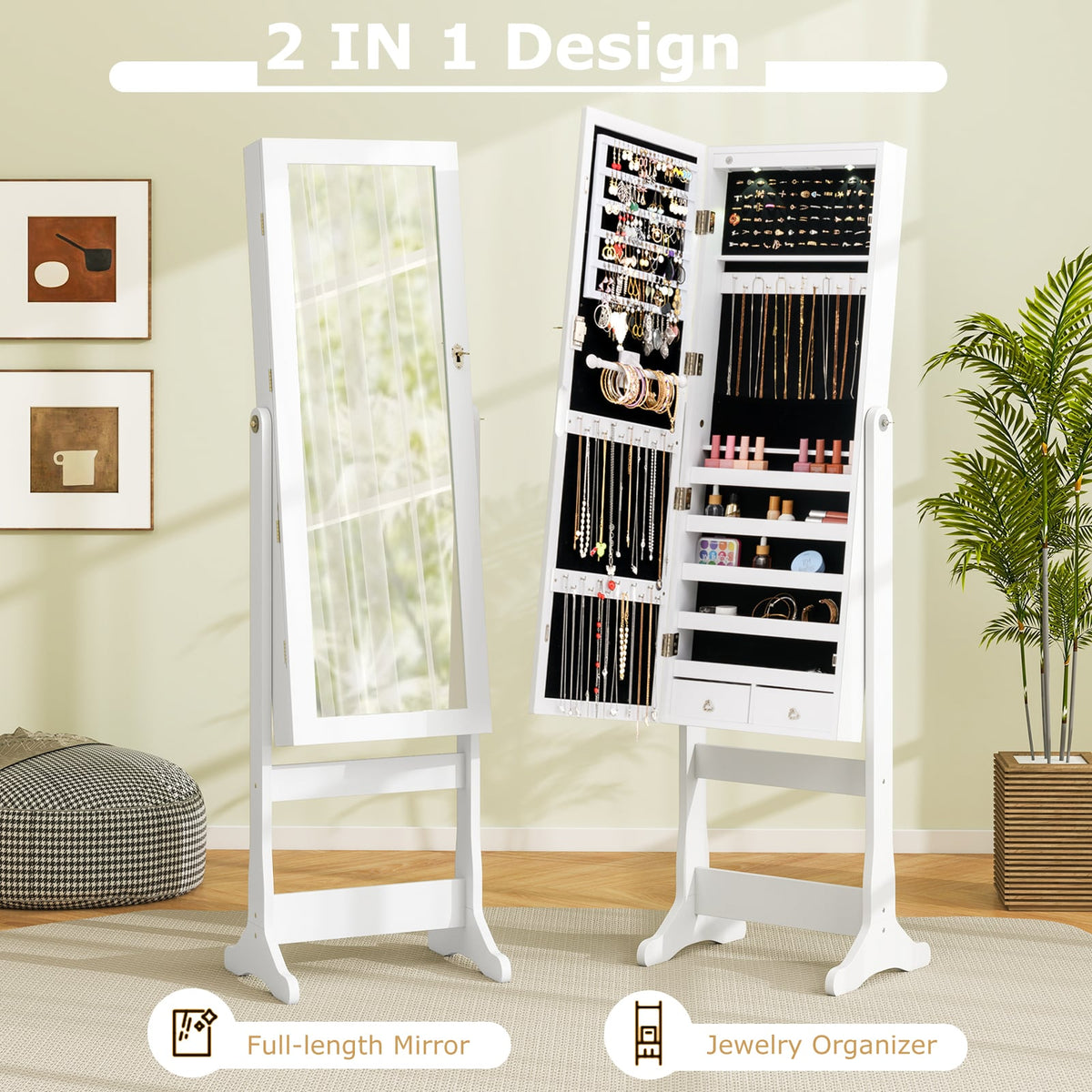 Lockable Freestanding Jewelry Cabinet Armoire with Full-Length Mirror and Lights-White-Jewelry Armoires-DECOROLALA