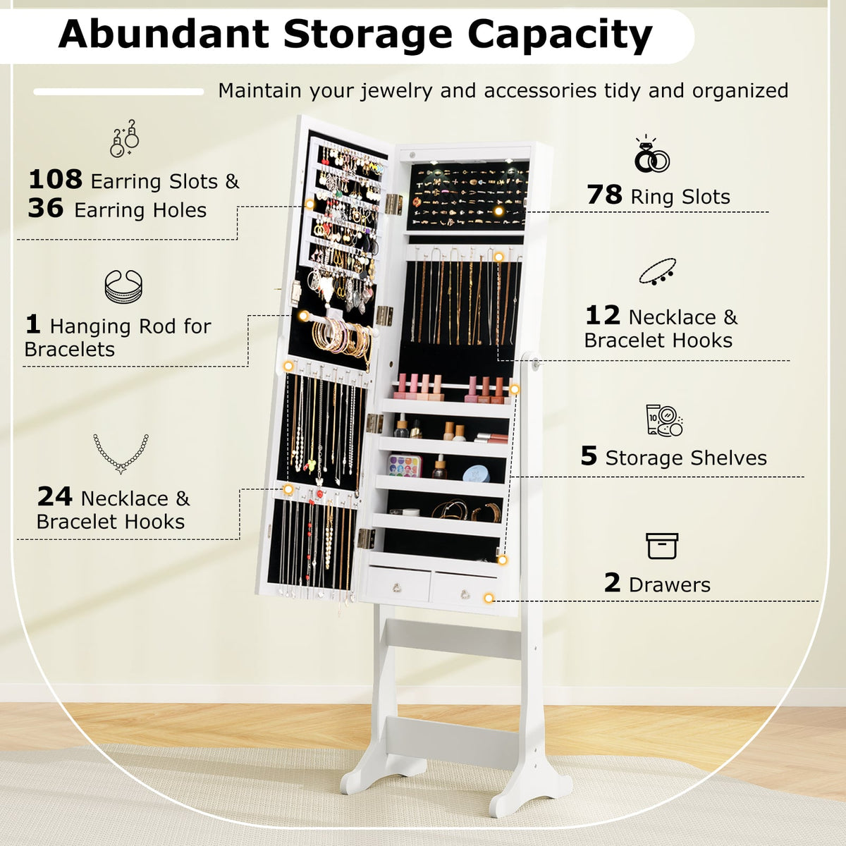 Lockable Freestanding Jewelry Cabinet Armoire with Full-Length Mirror and Lights-White-Jewelry Armoires-DECOROLALA