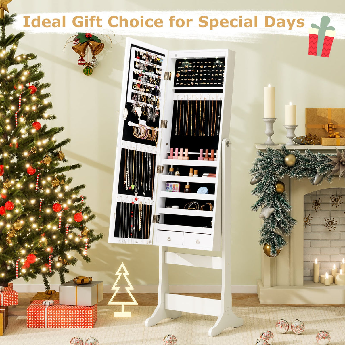 Lockable Freestanding Jewelry Cabinet Armoire with Full-Length Mirror and Lights-White-Jewelry Armoires-DECOROLALA