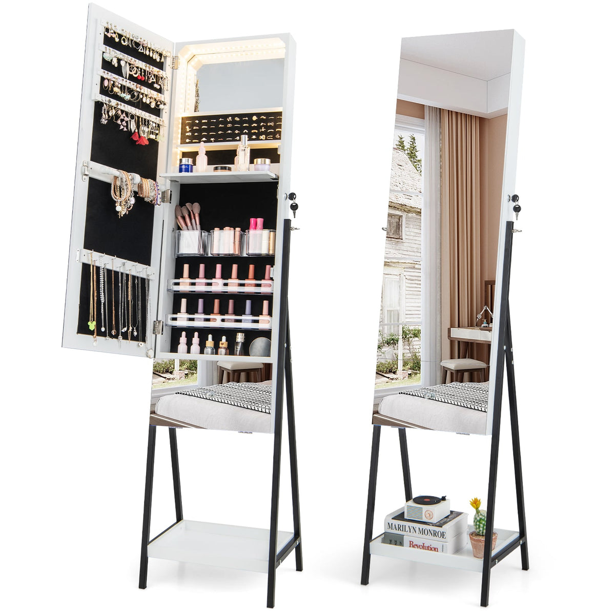 Lockable Freestanding Jewelry Organizer with Full-Length Frameless Mirror-White-Jewelry Armoires-DECOROLALA