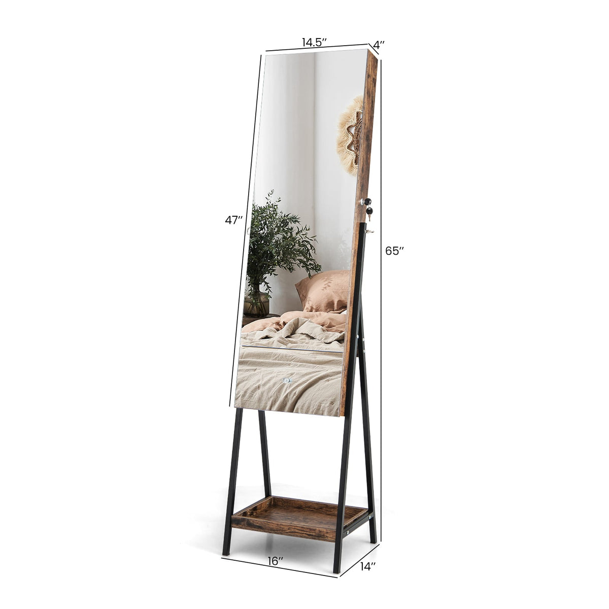 Lockable Freestanding Jewelry Organizer with Full-Length Frameless Mirror-White-Jewelry Armoires-DECOROLALA