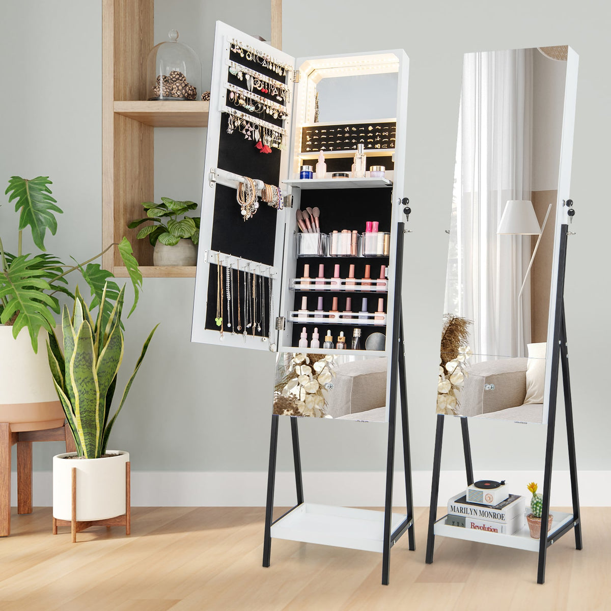 Lockable Freestanding Jewelry Organizer with Full-Length Frameless Mirror-White-Jewelry Armoires-DECOROLALA