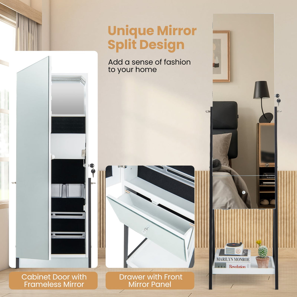 Lockable Freestanding Jewelry Organizer with Full-Length Frameless Mirror-White-Jewelry Armoires-DECOROLALA