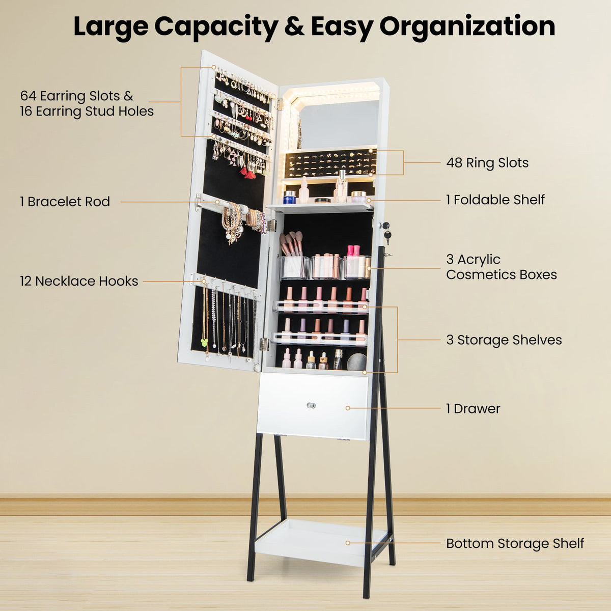 Lockable Freestanding Jewelry Organizer with Full-Length Frameless Mirror-White-Jewelry Armoires-DECOROLALA