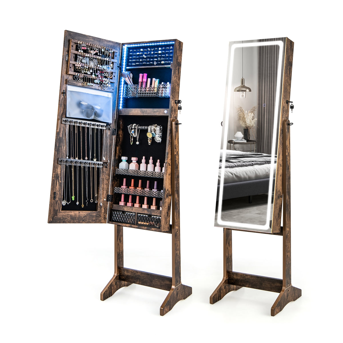 Lockable Jewelry Armoire Standing Cabinet with Lighted Full-Length Mirror-Rustic Brown-Jewelry Armoires-DECOROLALA