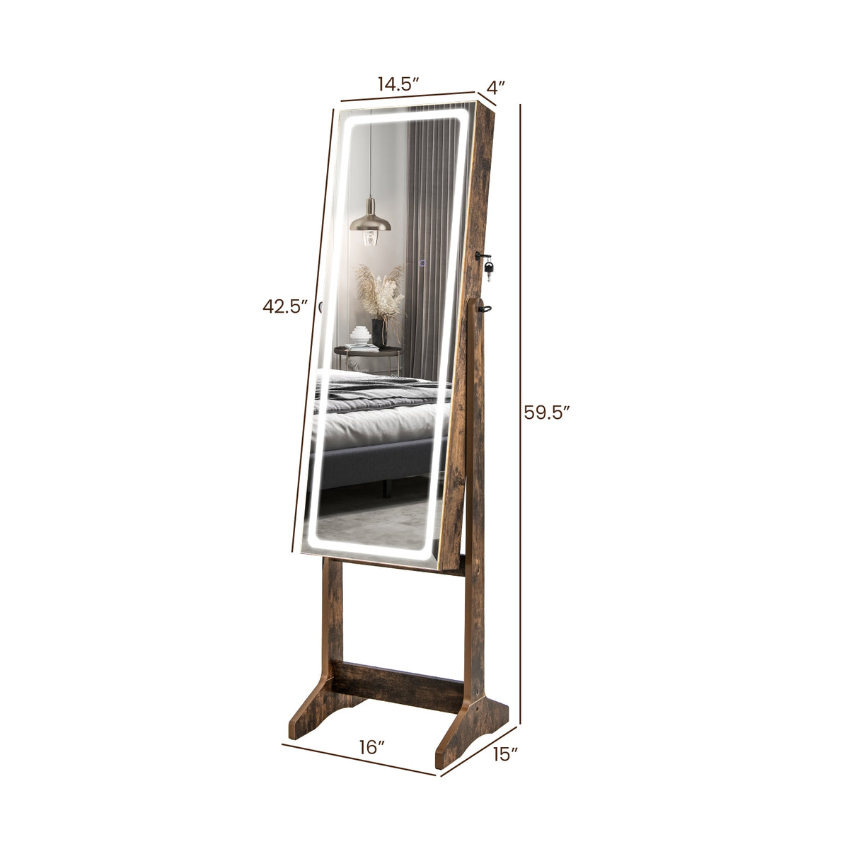 Lockable Jewelry Armoire Standing Cabinet with Lighted Full-Length Mirror-Rustic Brown-Jewelry Armoires-DECOROLALA