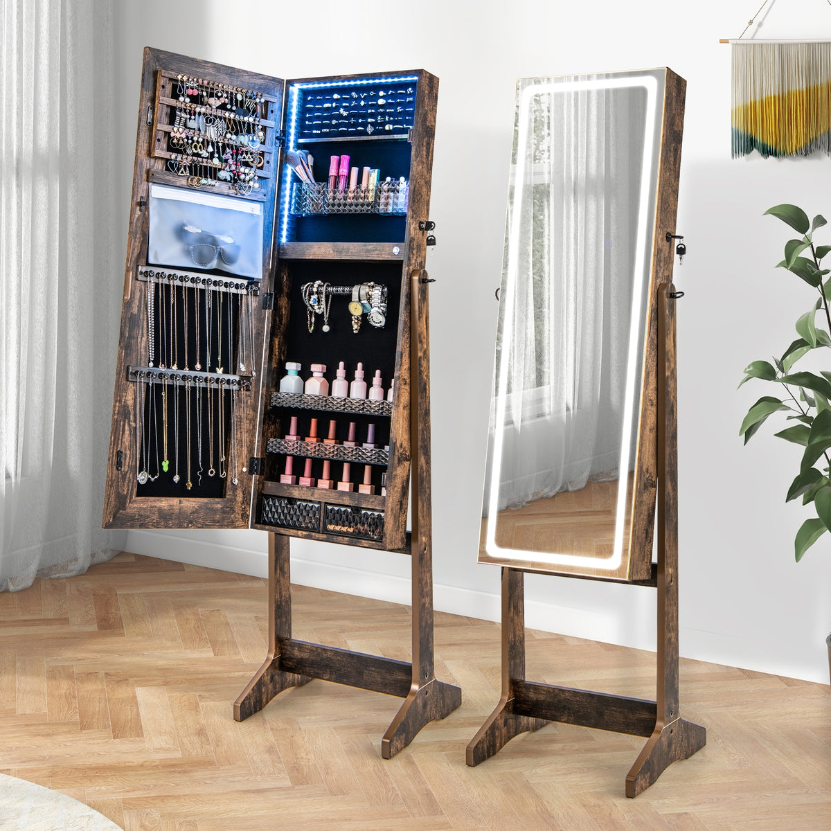 Lockable Jewelry Armoire Standing Cabinet with Lighted Full-Length Mirror-Rustic Brown-Jewelry Armoires-DECOROLALA