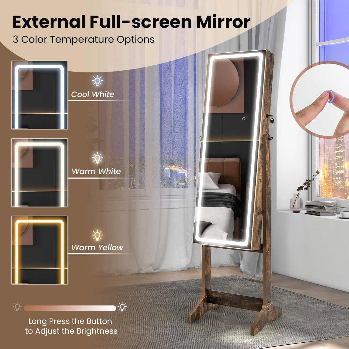 Lockable Jewelry Armoire Standing Cabinet with Lighted Full-Length Mirror-Rustic Brown-Jewelry Armoires-DECOROLALA