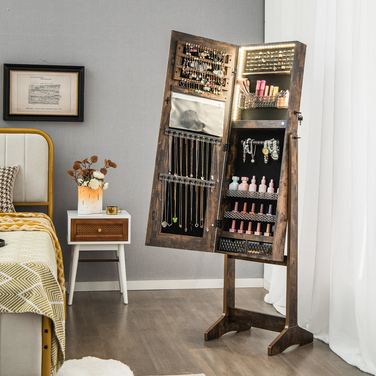 Lockable Jewelry Armoire Standing Cabinet with Lighted Full-Length Mirror-Rustic Brown-Jewelry Armoires-DECOROLALA