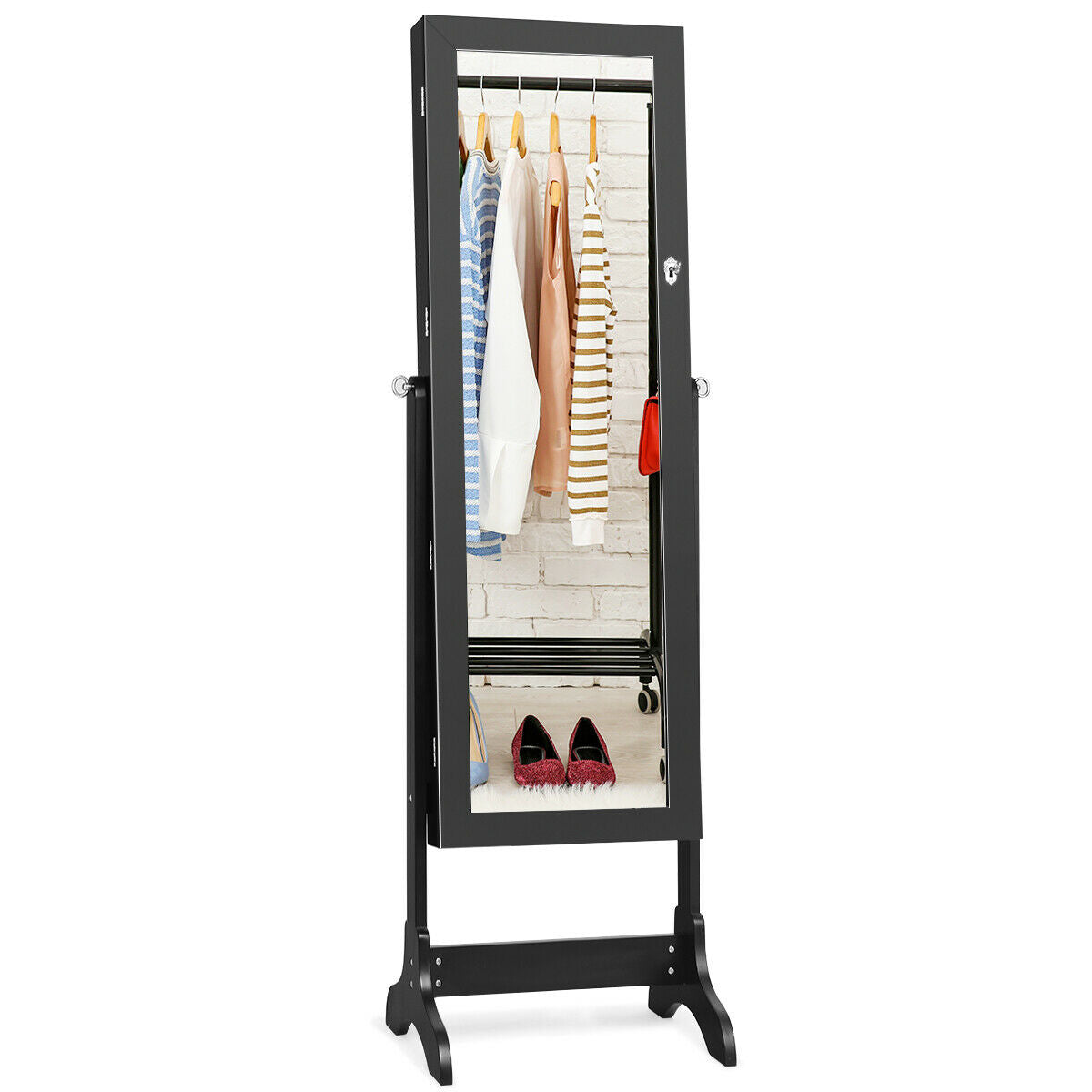 Lockable Mirrored Jewelry Cabinet Armoire Storage Organizer Box-Black-Jewelry Armoires-DECOROLALA