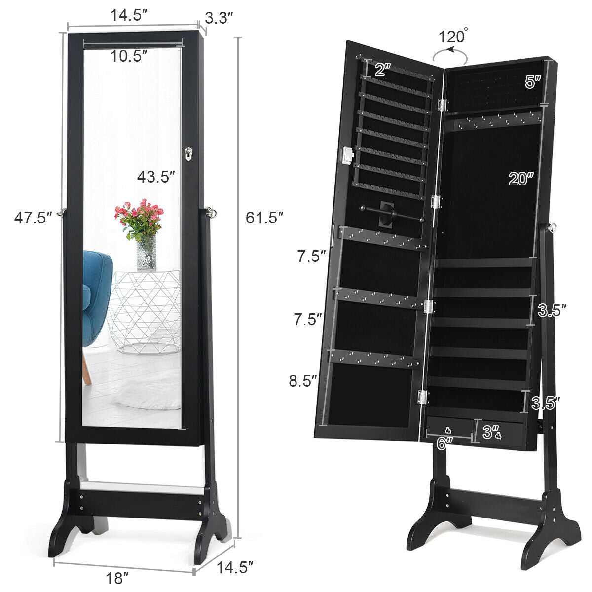 Lockable Mirrored Jewelry Cabinet Armoire Storage Organizer Box-Black-Jewelry Armoires-DECOROLALA