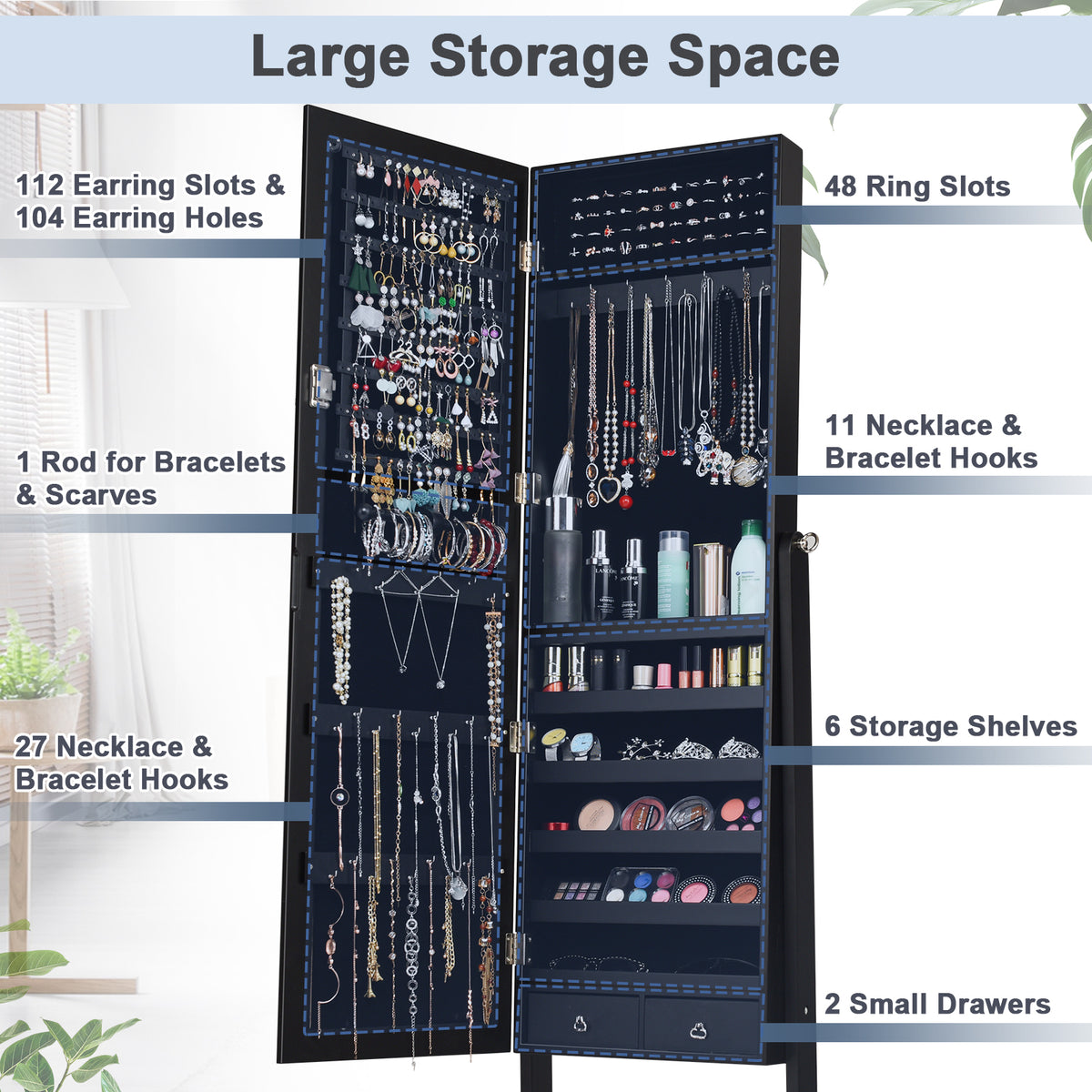 Lockable Mirrored Jewelry Cabinet Armoire Storage Organizer Box-Black-Jewelry Armoires-DECOROLALA