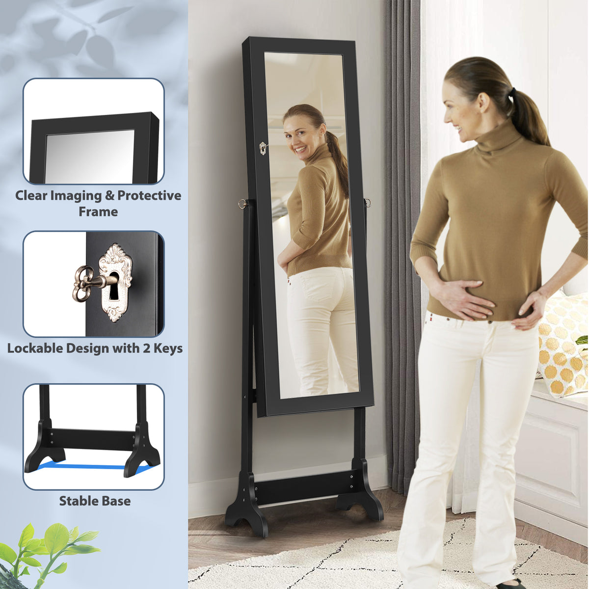 Lockable Mirrored Jewelry Cabinet Armoire Storage Organizer Box-Black-Jewelry Armoires-DECOROLALA