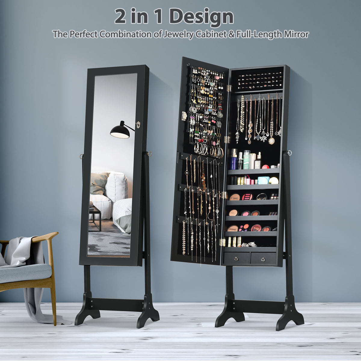 Lockable Mirrored Jewelry Cabinet Armoire Storage Organizer Box-Black-Jewelry Armoires-DECOROLALA
