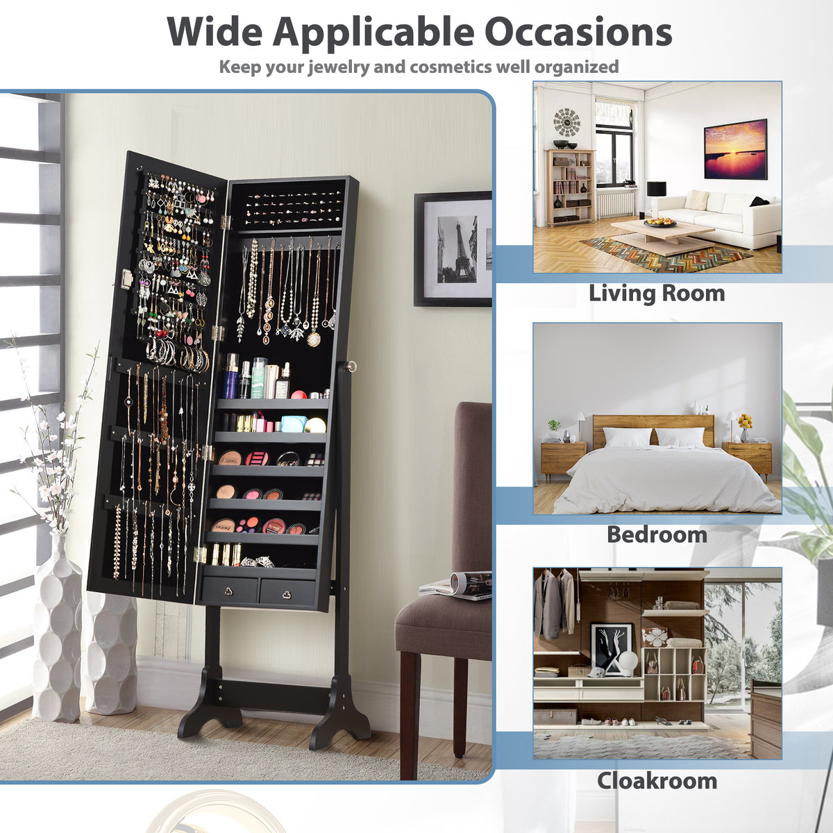 Lockable Mirrored Jewelry Cabinet Armoire Storage Organizer Box-Black-Jewelry Armoires-DECOROLALA