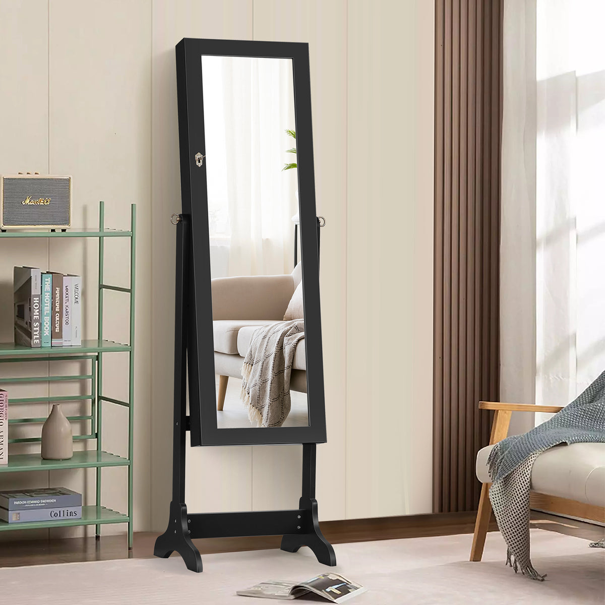 Lockable Mirrored Jewelry Cabinet Armoire Storage Organizer Box-Black-Jewelry Armoires-DECOROLALA