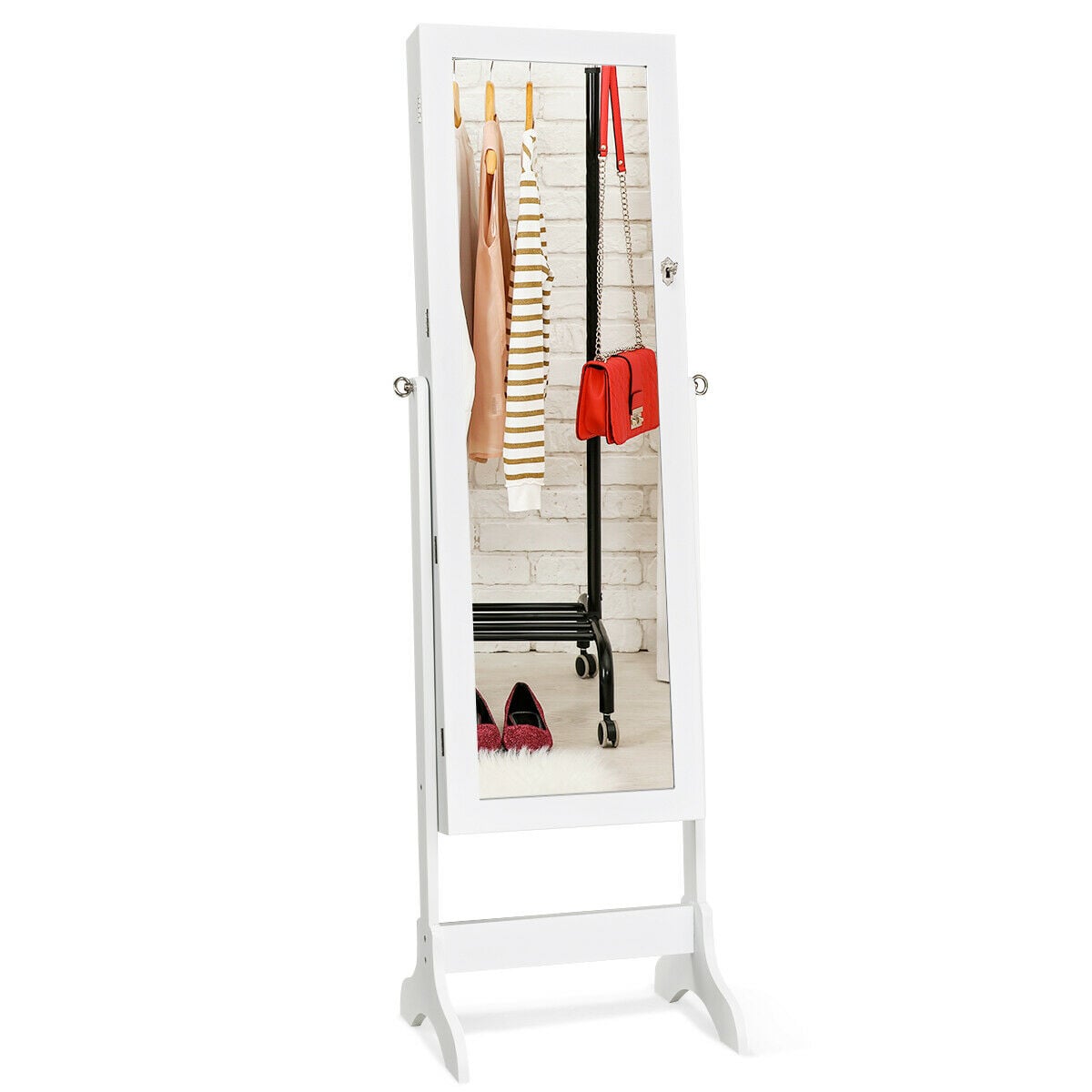 Lockable Mirrored Jewelry Cabinet Armoire Storage Organizer Box-White-Jewelry Armoires-DECOROLALA