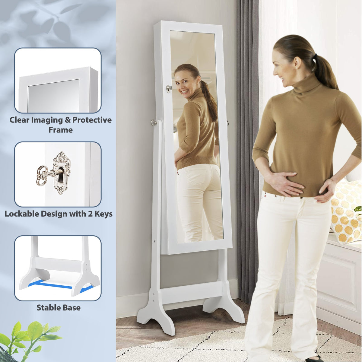 Lockable Mirrored Jewelry Cabinet Armoire Storage Organizer Box-White-Jewelry Armoires-DECOROLALA