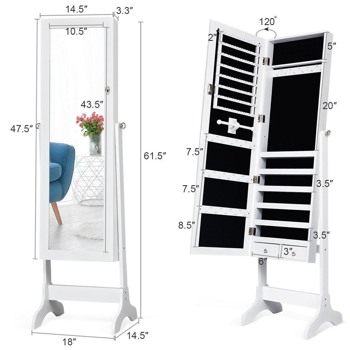 Lockable Mirrored Jewelry Cabinet Armoire Storage Organizer Box-White-Jewelry Armoires-DECOROLALA