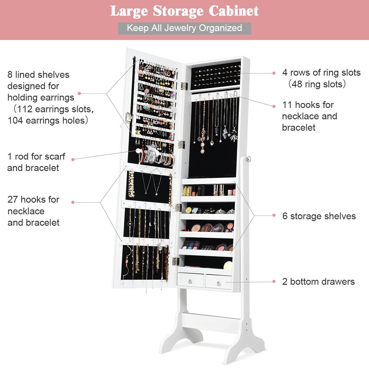 Lockable Mirrored Jewelry Cabinet Armoire Storage Organizer Box-White-Jewelry Armoires-DECOROLALA