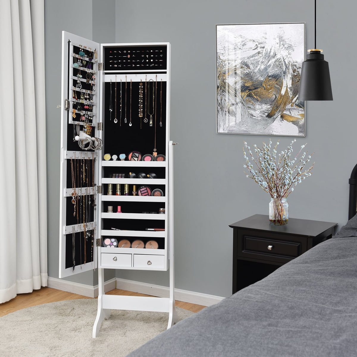 Lockable Mirrored Jewelry Cabinet Armoire Storage Organizer Box-White-Jewelry Armoires-DECOROLALA